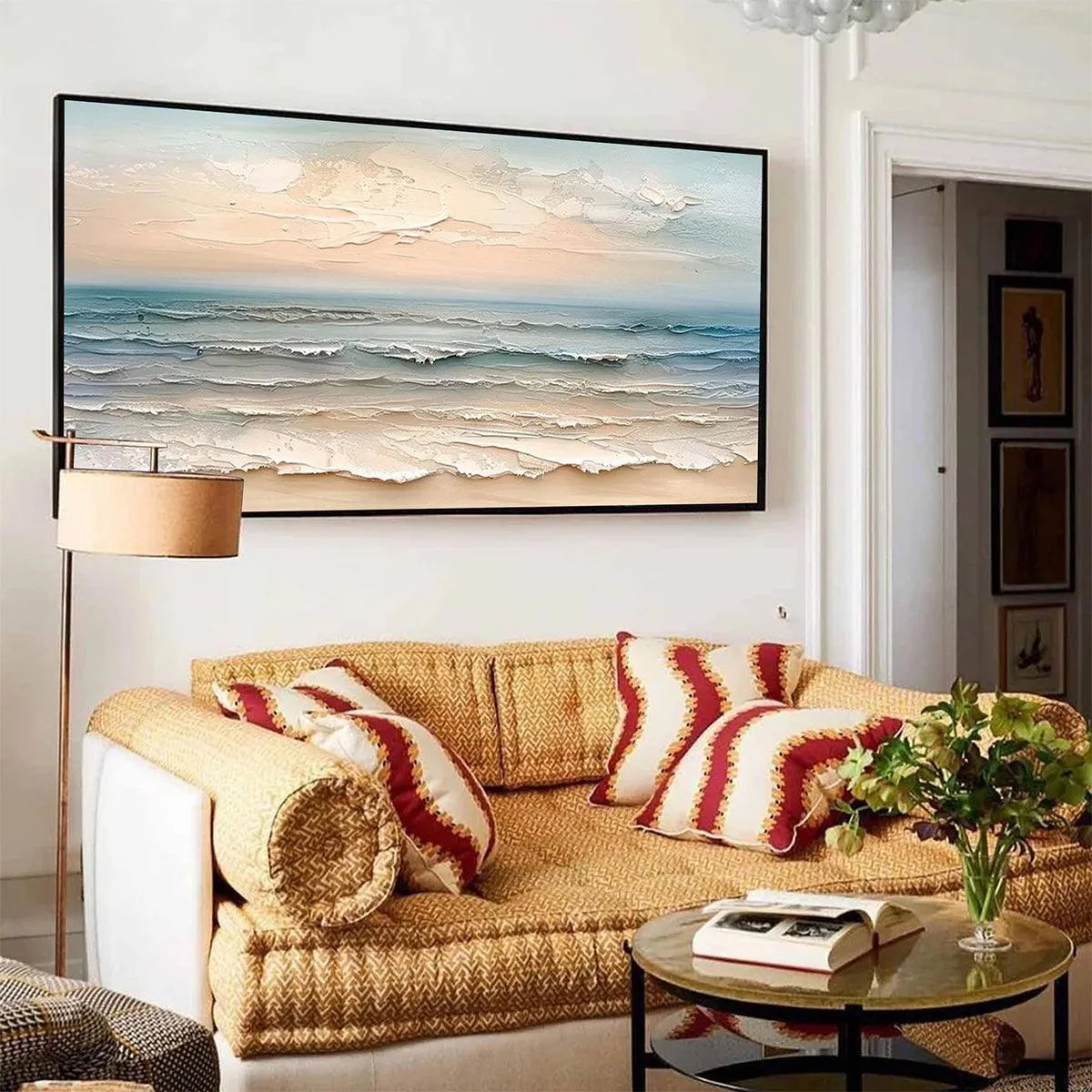 COASTAL SERENITY: Textured Seascape Painting, Impasto Wall Art, Horizontal Canvas, Beach Decor