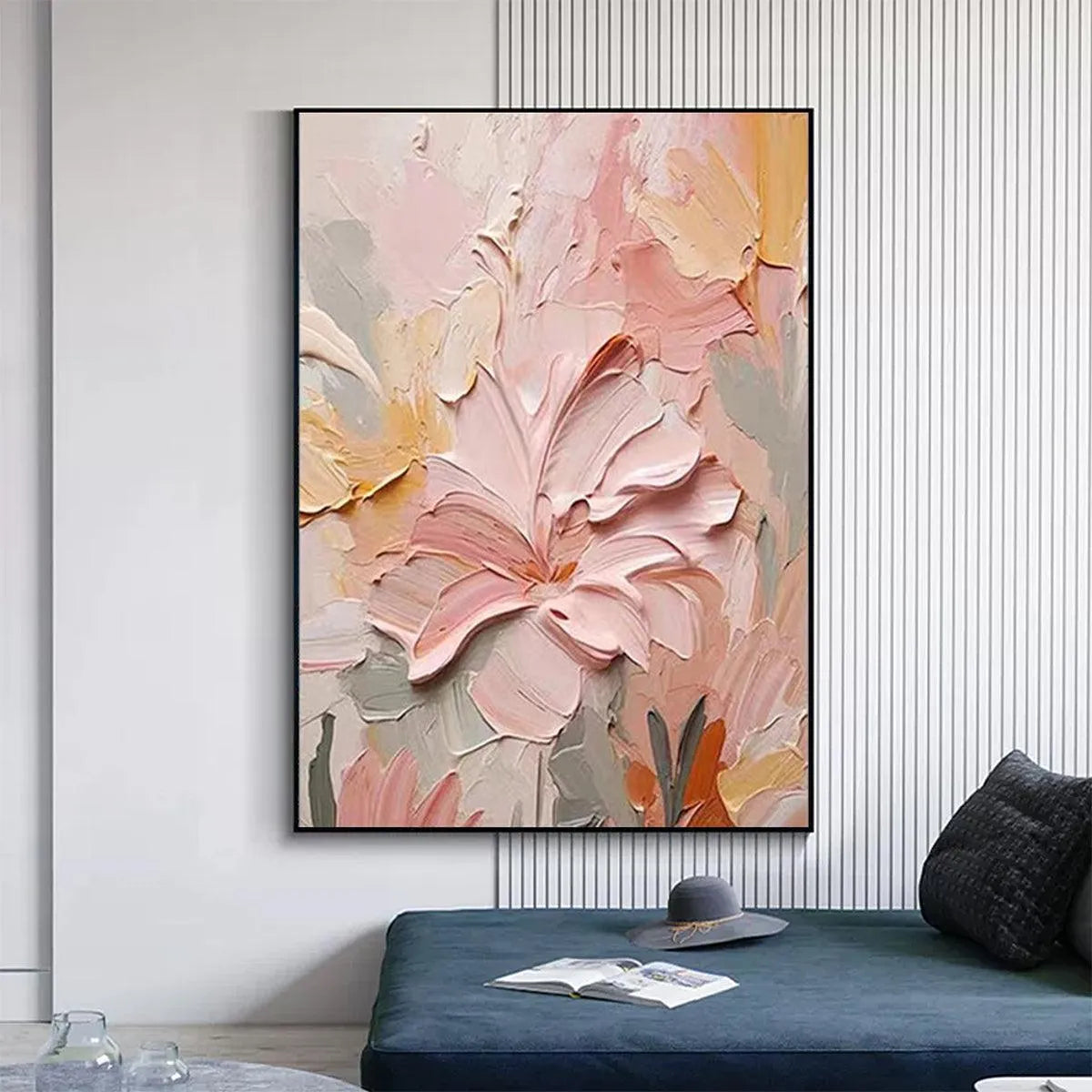 BLUSHING BLOOMS: Textured Floral Painting, Pink and Peach Wall Art, Vertical Canvas, Impasto Decor