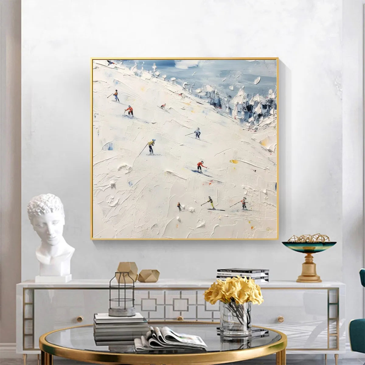 WINTER'S DANCE: Impressionistic Skiing Painting on Square Canvas