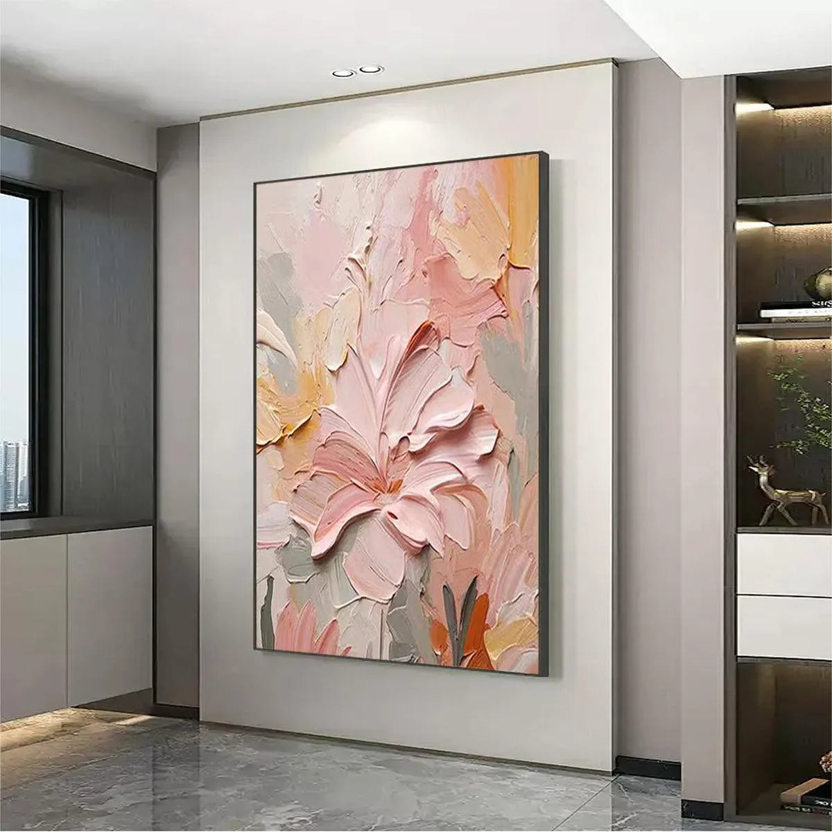 BLUSHING BLOOMS: Textured Floral Painting, Pink and Peach Wall Art, Vertical Canvas, Impasto Decor