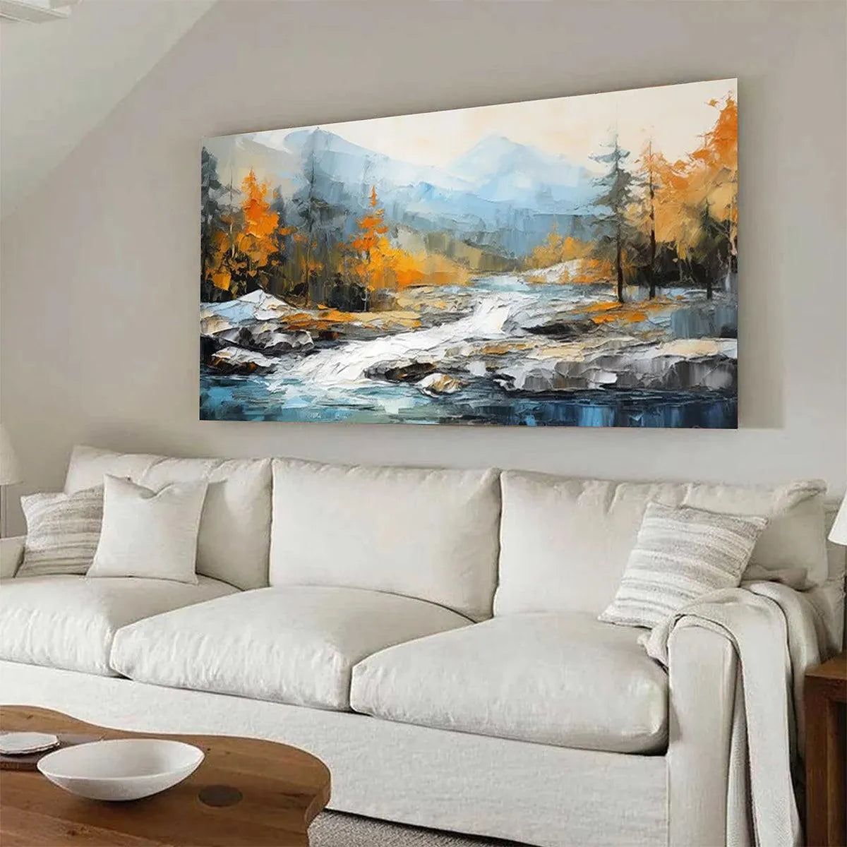 AUTUMN RIVER: Textured Landscape Painting with River and Mountains