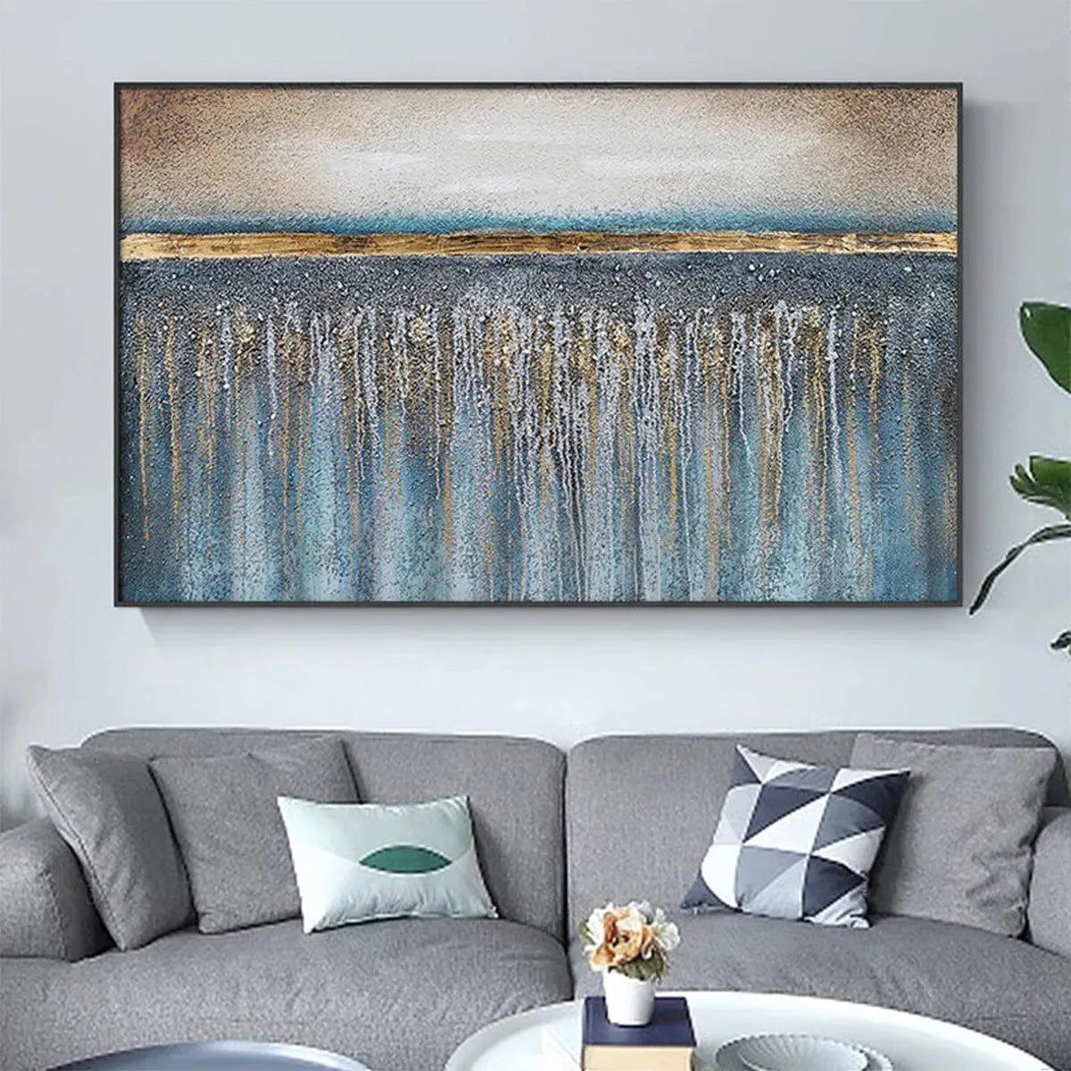 GOLDEN HORIZON: Panoramic Abstract Oil Painting with Gold and Blue