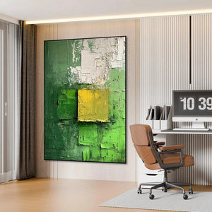 Isabella Rossi textured abstract painting in green and yellow, vertical modern art for decor
