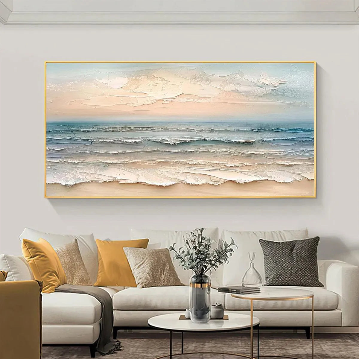 COASTAL SERENITY: Textured Seascape Painting, Impasto Wall Art, Horizontal Canvas, Beach Decor