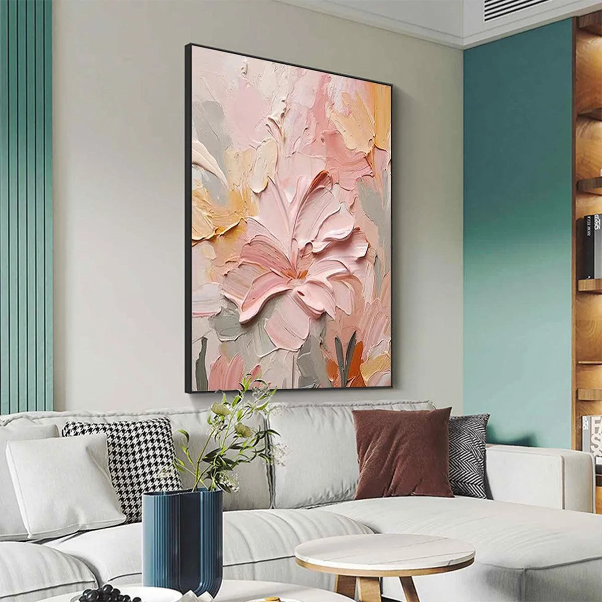 BLUSHING BLOOMS: Textured Floral Painting, Pink and Peach Wall Art, Vertical Canvas, Impasto Decor