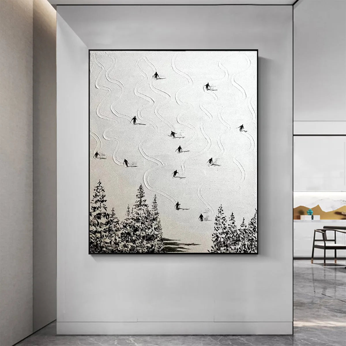 SNOW DANCE: Minimalist Skiing Painting on Textured Square Canvas