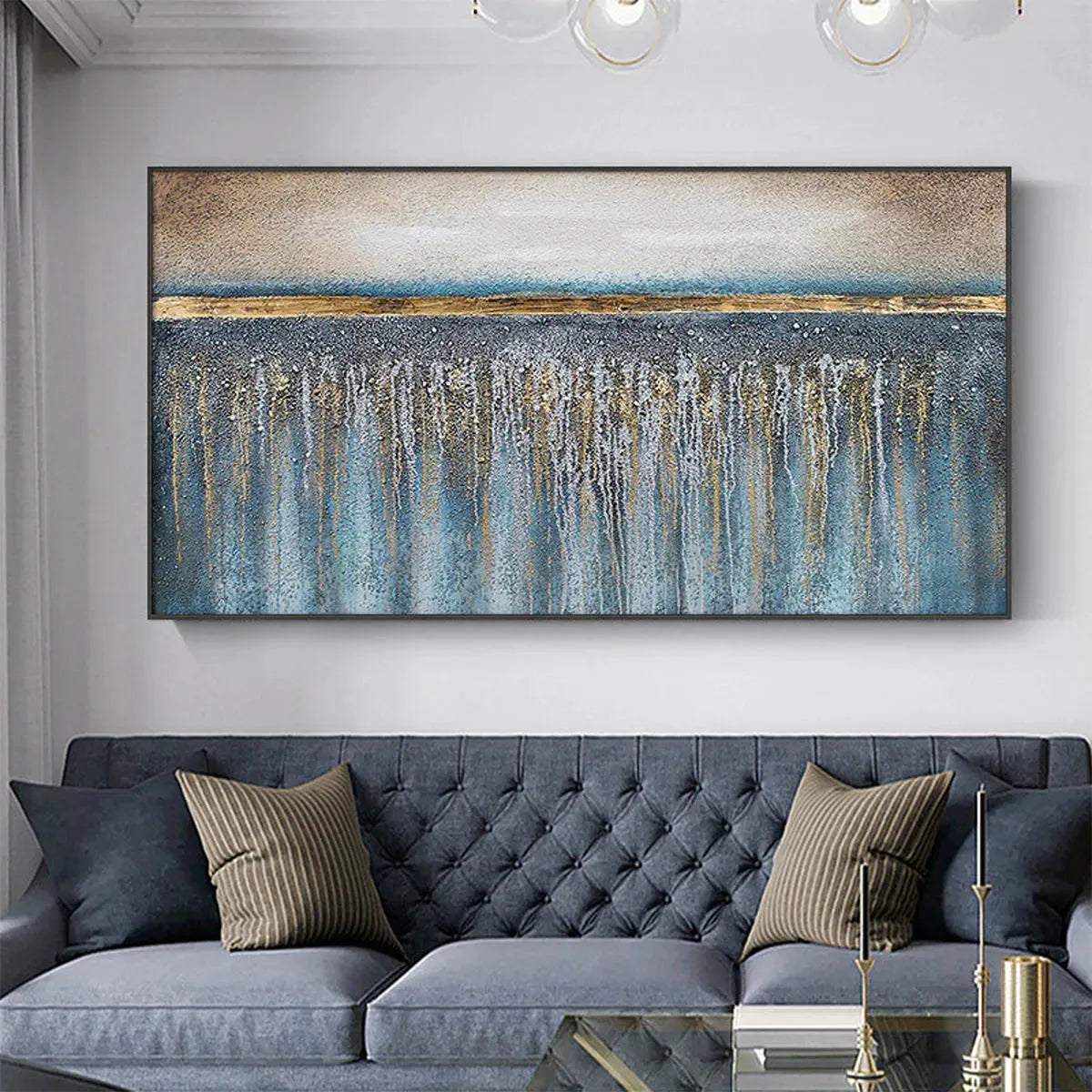 GOLDEN HORIZON: Panoramic Abstract Oil Painting with Gold and Blue