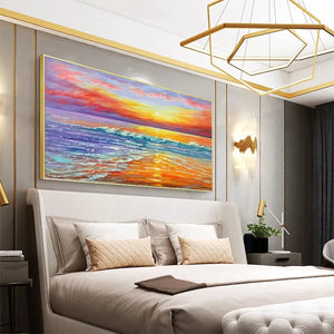 Vibrant Tropical Sunset Beach painting enhances a luxurious modern bedroom, mounted above an elegant bed with gold accents.