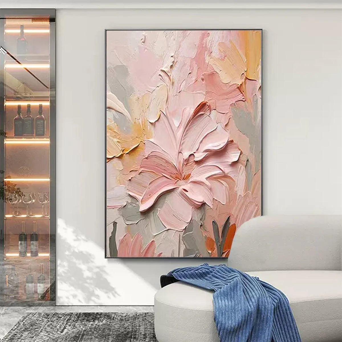 BLUSHING BLOOMS: Textured Floral Painting, Pink and Peach Wall Art, Vertical Canvas, Impasto Decor