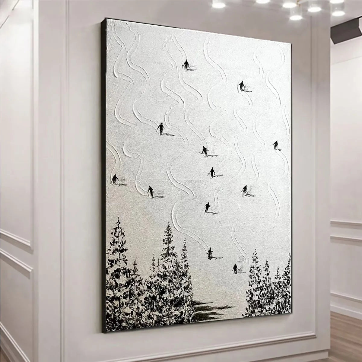 SNOW DANCE: Minimalist Skiing Painting on Textured Square Canvas