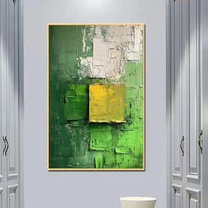 Textured Green and Yellow Abstract Painting by Isabella Rossi, vertical artwork for modern decor, vibrant color contrast.