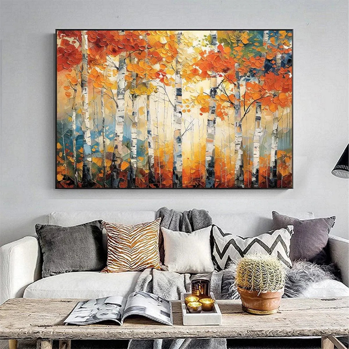 AUTUMN ASPEN: Textured Forest Painting, Impasto Wall Art, Horizontal Canvas, Fall Decor