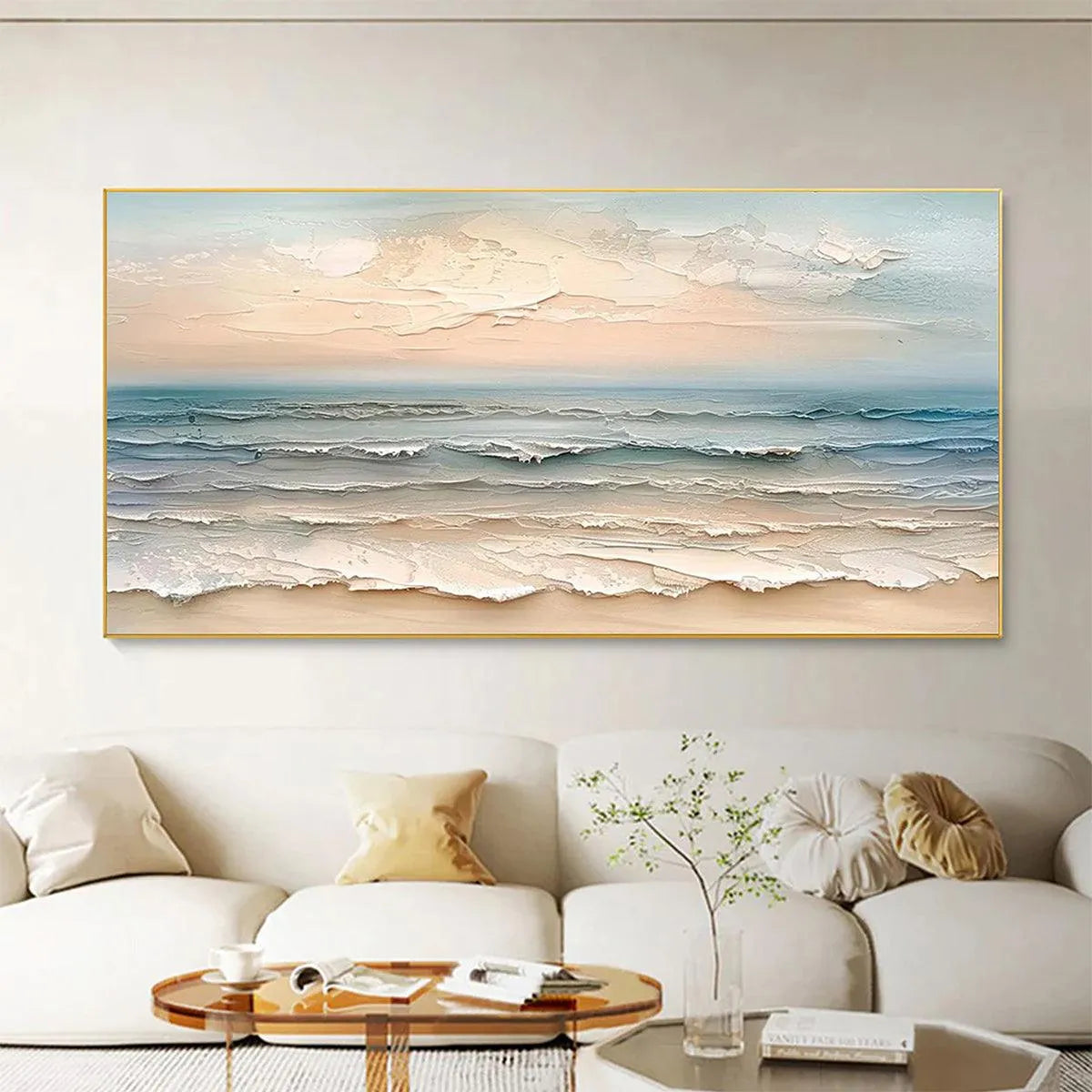 COASTAL SERENITY: Textured Seascape Painting, Impasto Wall Art, Horizontal Canvas, Beach Decor