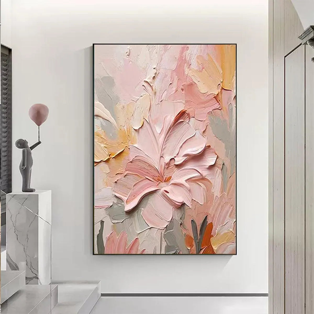 BLUSHING BLOOMS: Textured Floral Painting, Pink and Peach Wall Art, Vertical Canvas, Impasto Decor