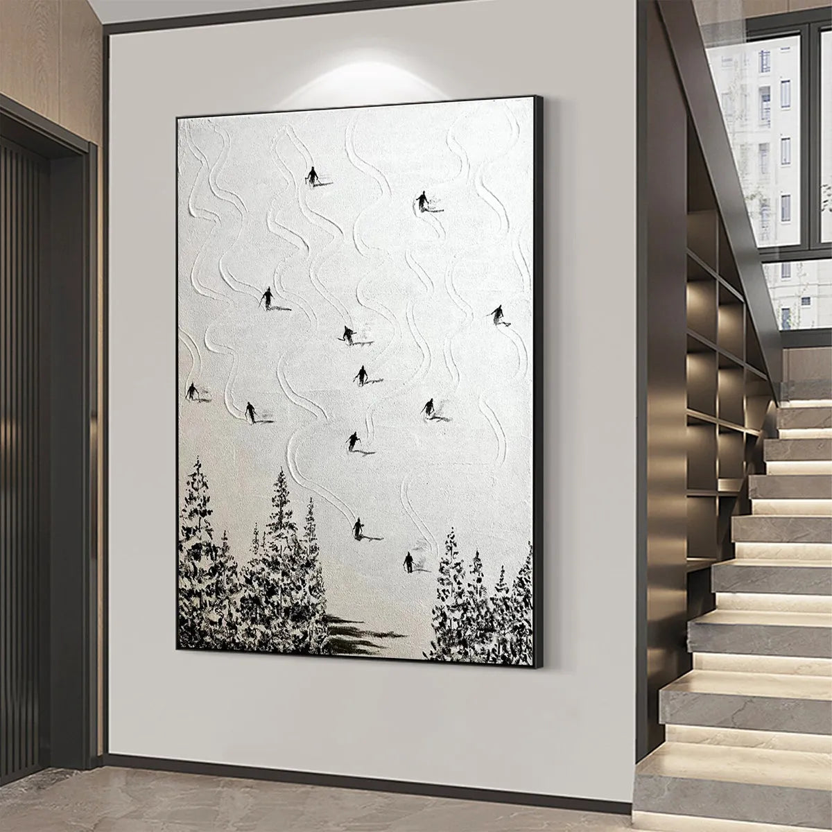 SNOW DANCE: Minimalist Skiing Painting on Textured Square Canvas