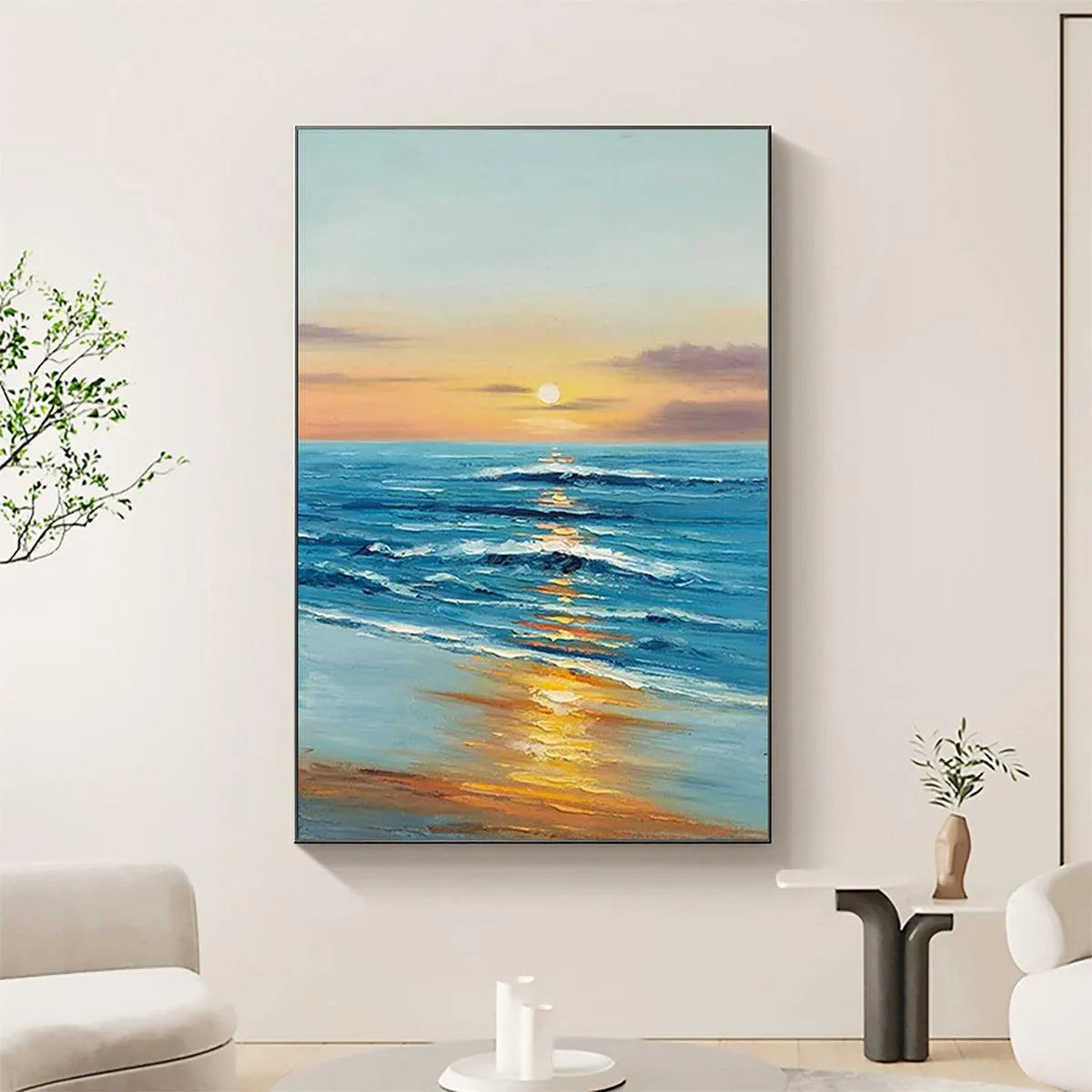 SUNKISSED SHORES: Vertical Ocean Sunset Painting, Beach Wall Art