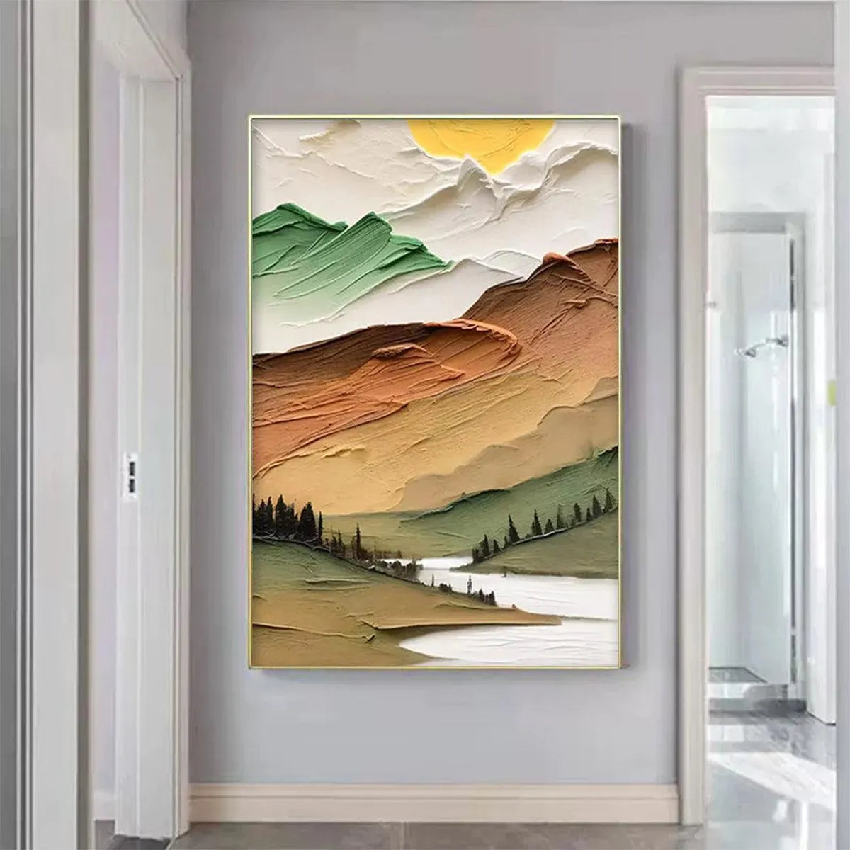 GOLDEN VALLEY: Textured Mountain Landscape Painting, Green and Gold Wall Art, Vertical Canvas, Impasto Decor