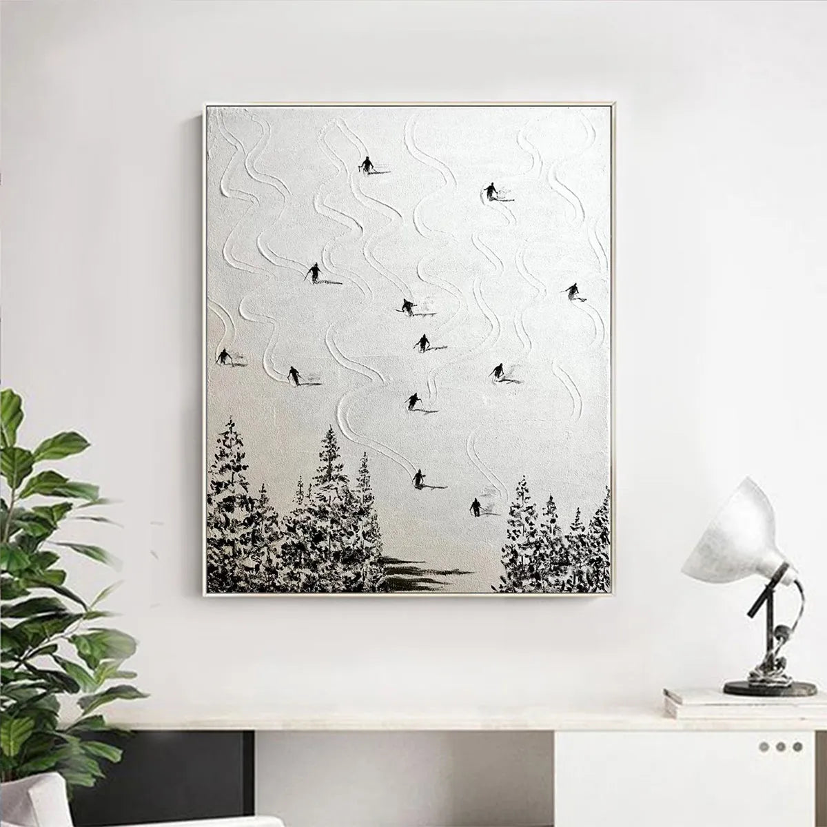 SNOW DANCE: Minimalist Skiing Painting on Textured Square Canvas