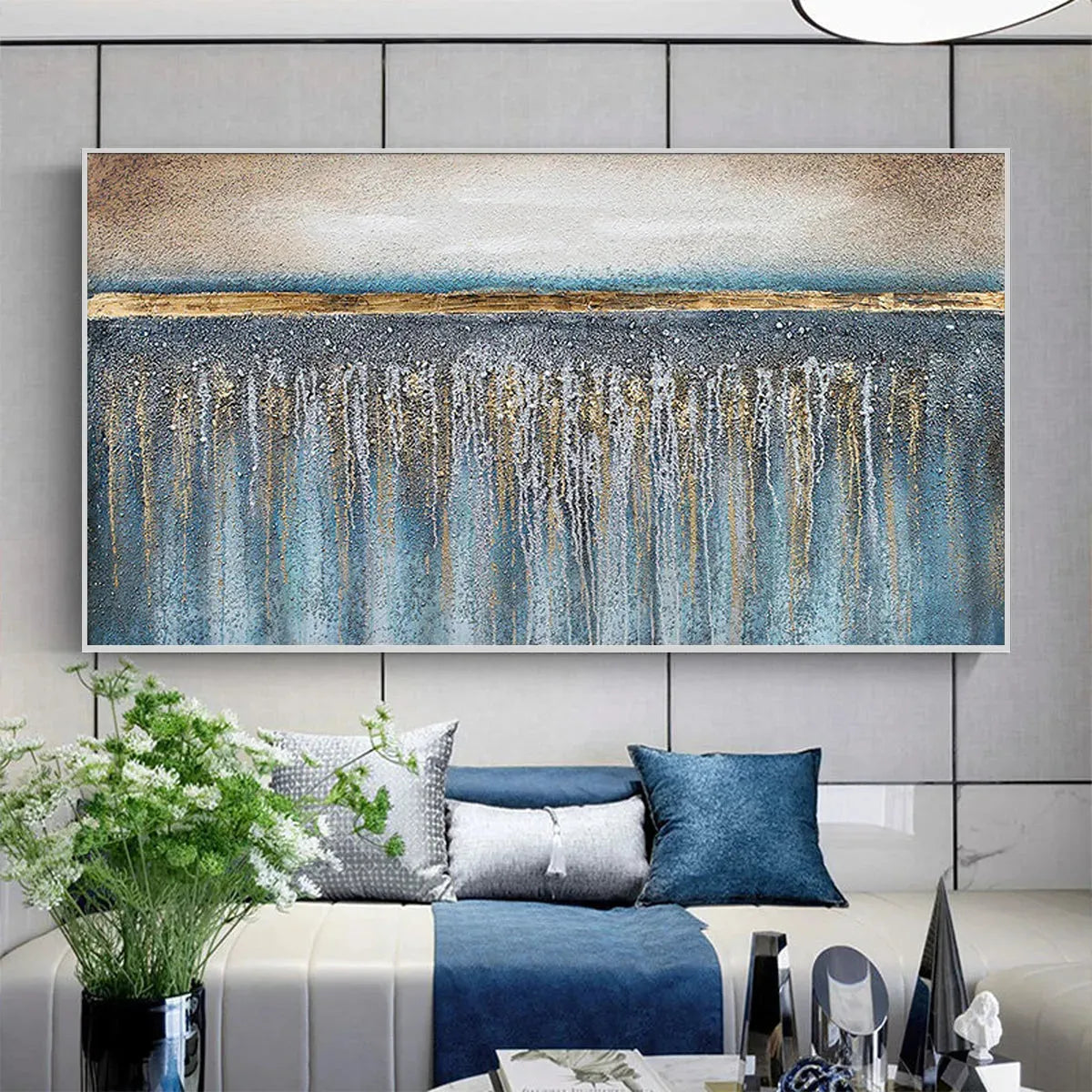 GOLDEN HORIZON: Panoramic Abstract Oil Painting with Gold and Blue