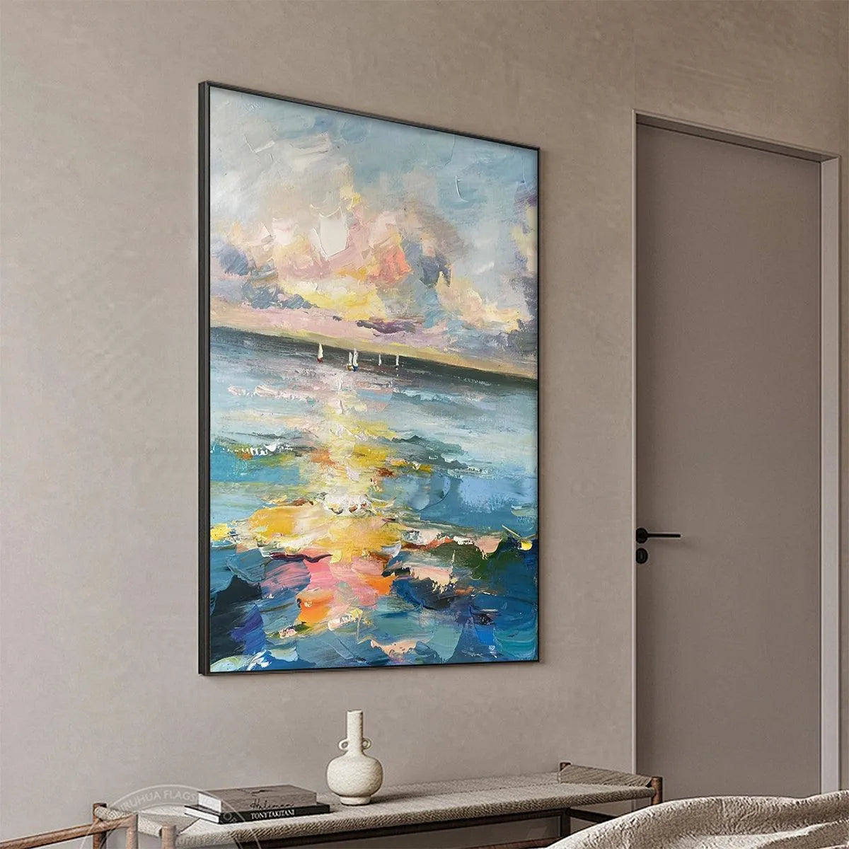 SAILBOATS AT SUNSET: Seascape Painting, Impasto, Textured Wall Art, Ocean Sunset, Vertical