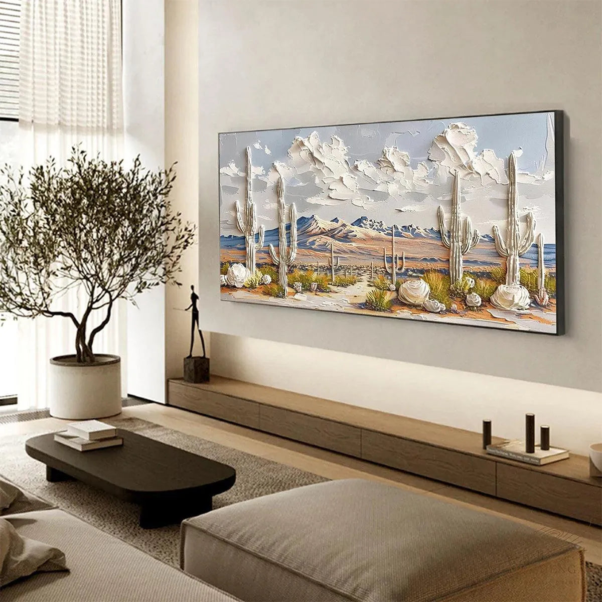 DESERT DREAM: Textured Desert Landscape Painting, Impasto Wall Art, Horizontal Canvas, Cactus Decor