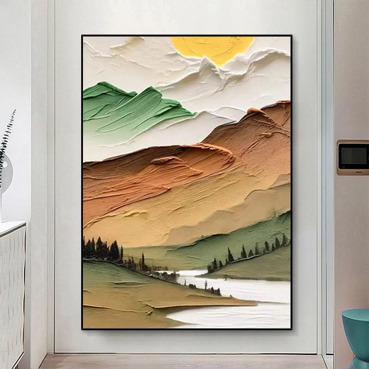 GOLDEN VALLEY: Textured Mountain Landscape Painting, Green and Gold Wall Art, Vertical Canvas, Impasto Decor