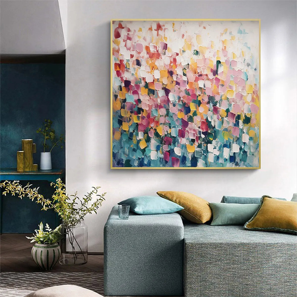 FIELD OF DREAMS: Square Abstract Impasto Painting, Textured Wall Art, Colorful, Living Room, Bedroom