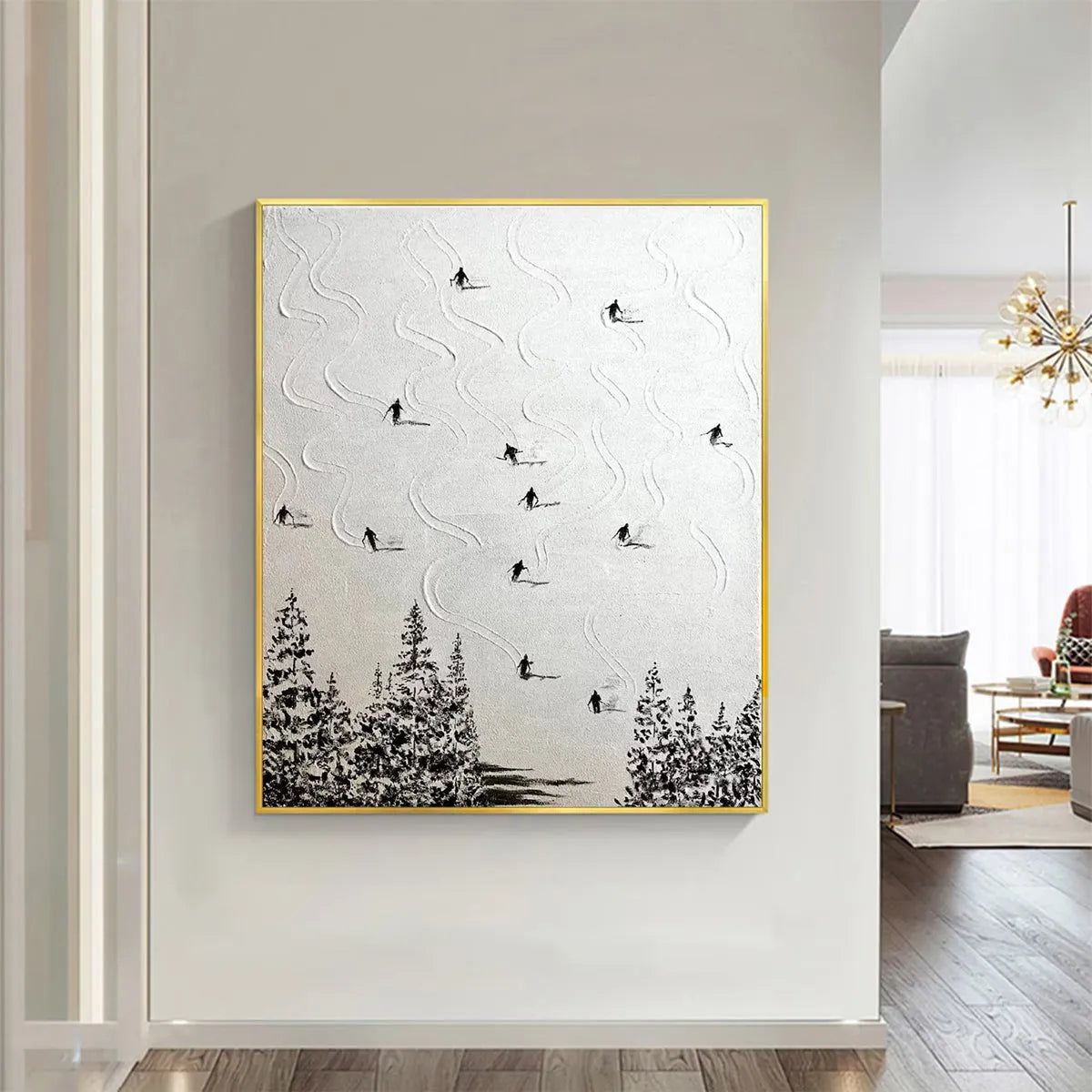 SNOW DANCE: Minimalist Skiing Painting on Textured Square Canvas