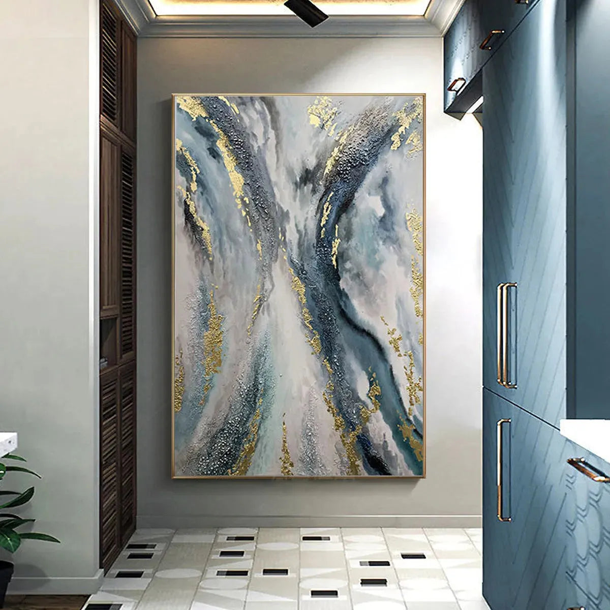 CELESTIAL RIVER: Vertical Abstract Oil Painting with Gold Leaf Accents