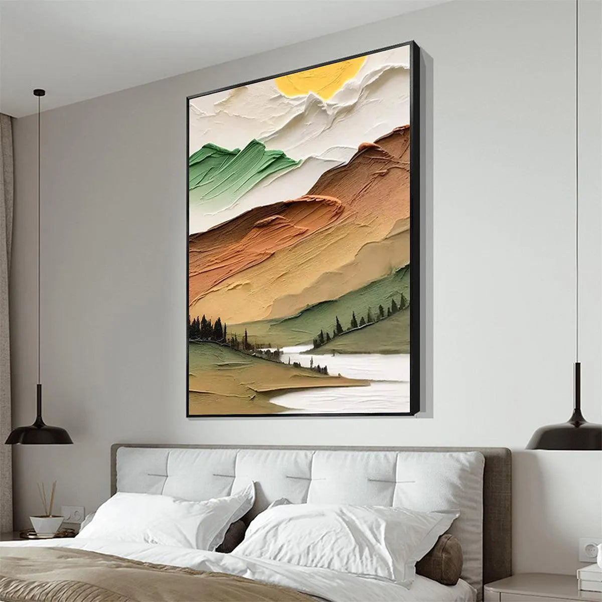 GOLDEN VALLEY: Textured Mountain Landscape Painting, Green and Gold Wall Art, Vertical Canvas, Impasto Decor