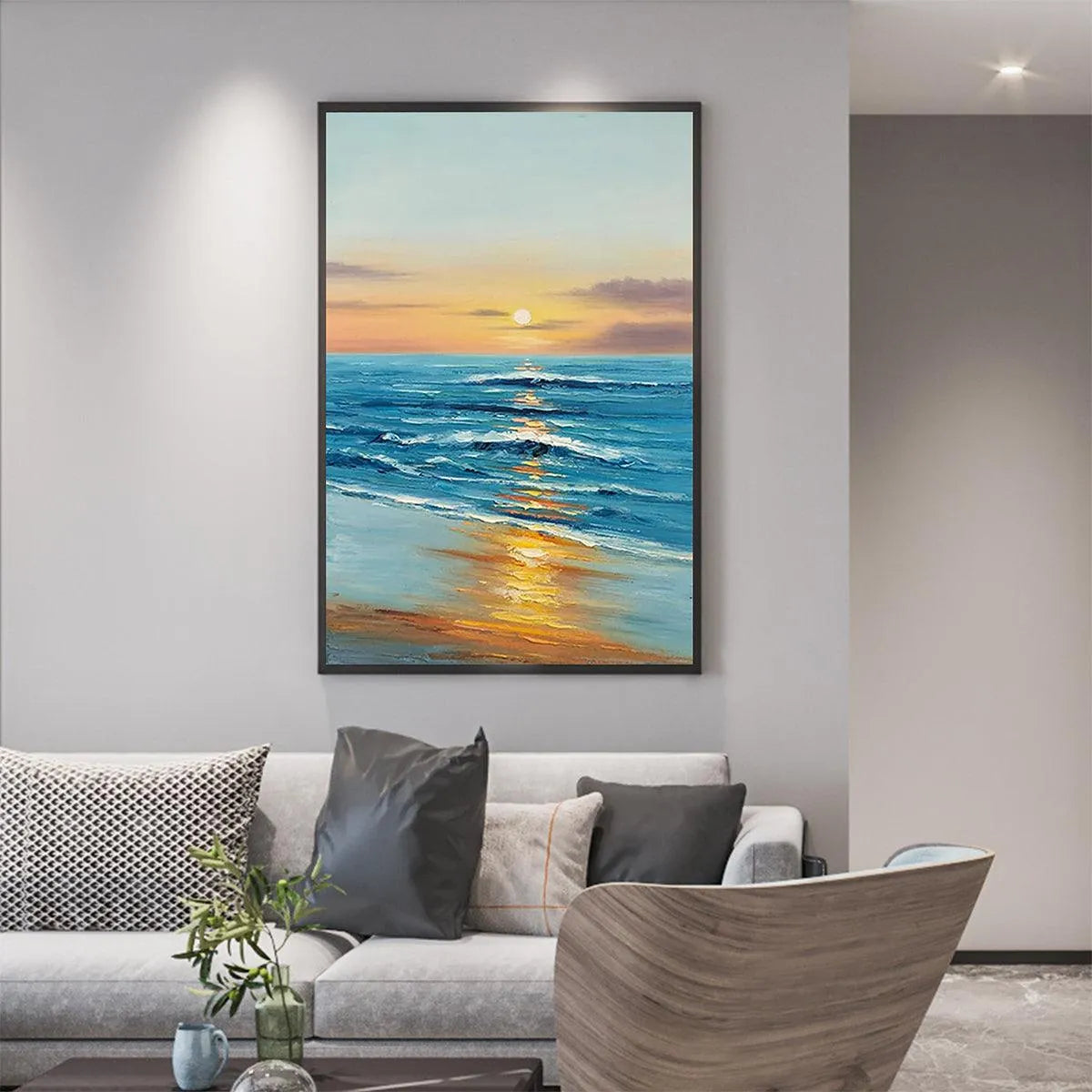 SUNKISSED SHORES: Vertical Ocean Sunset Painting, Beach Wall Art