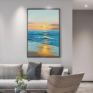 Vertical painting of Sunkissed Shores: golden sun reflecting on blue ocean waves, beach wall art for home decor.