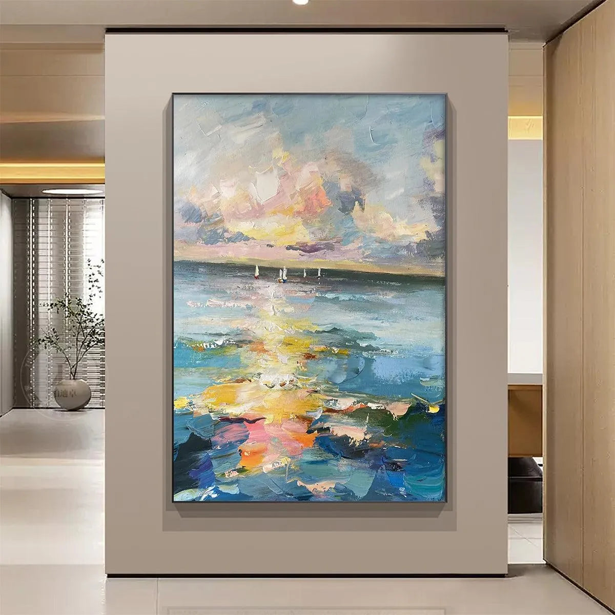 SAILBOATS AT SUNSET: Seascape Painting, Impasto, Textured Wall Art, Ocean Sunset, Vertical