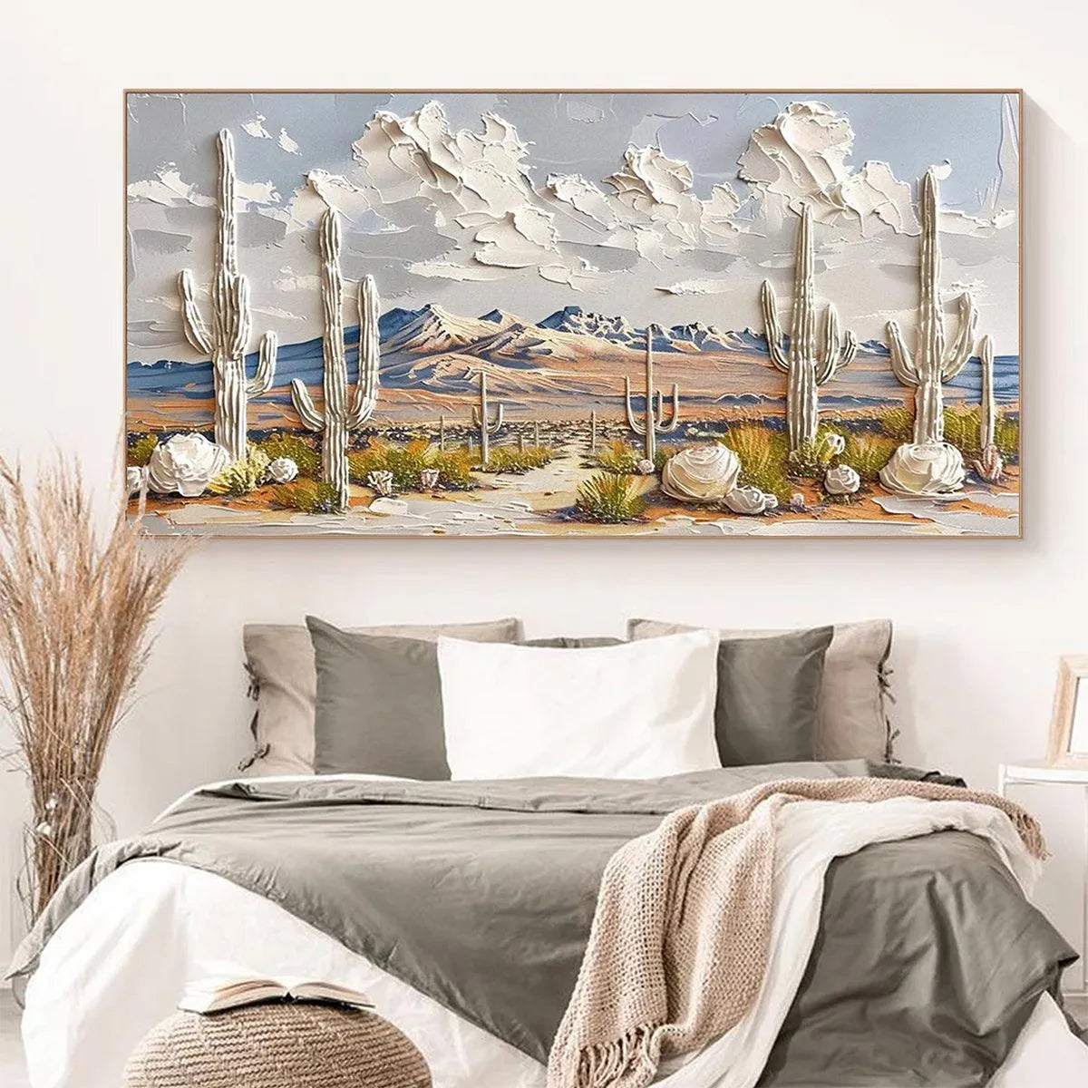 DESERT DREAM: Textured Desert Landscape Painting, Impasto Wall Art, Horizontal Canvas, Cactus Decor