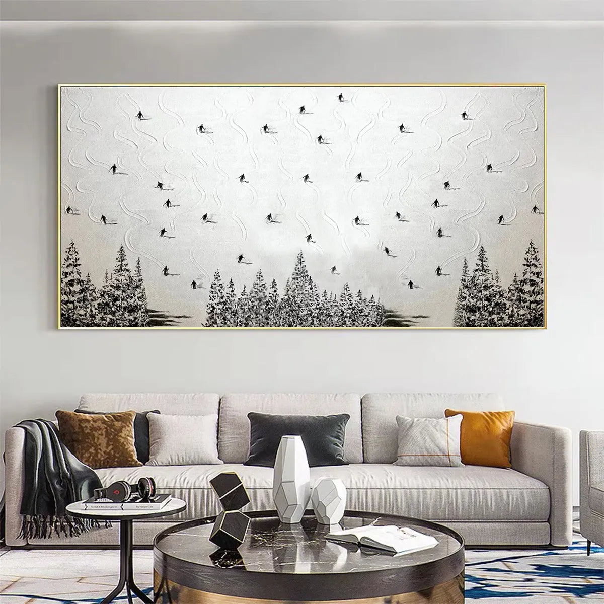 ALPINE SYMPHONY: Minimalist Skiing Scene on Textured Canvas