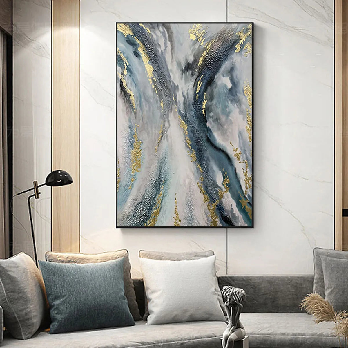 CELESTIAL RIVER: Vertical Abstract Oil Painting with Gold Leaf Accents