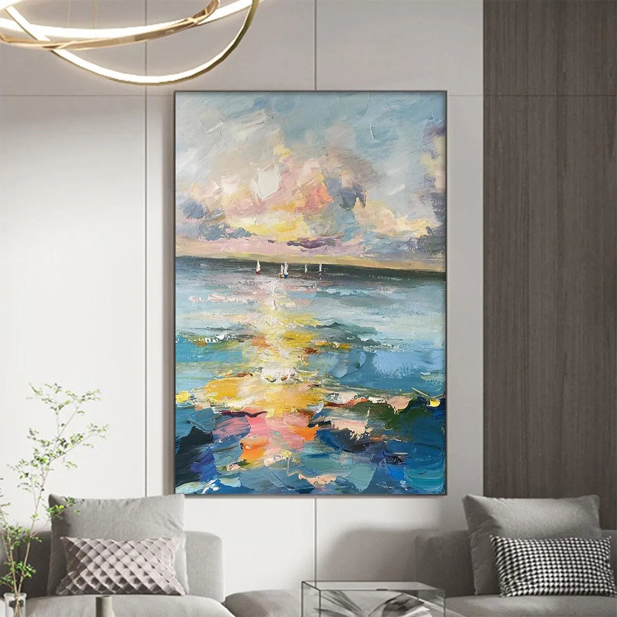 SAILBOATS AT SUNSET: Seascape Painting, Impasto, Textured Wall Art, Ocean Sunset, Vertical