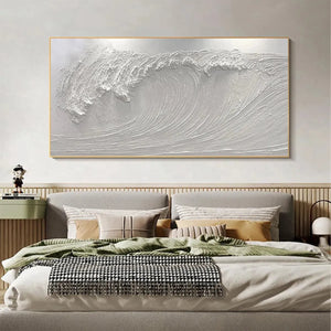 FROZEN TIDE white wave painting by Liam O'Connell. Textured white artwork, above bed, for modern home decor.
