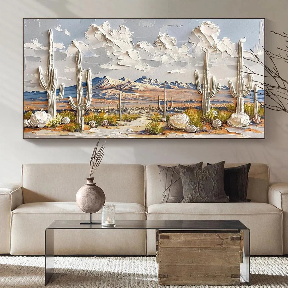 DESERT DREAM: Textured Desert Landscape Painting, Impasto Wall Art, Horizontal Canvas, Cactus Decor