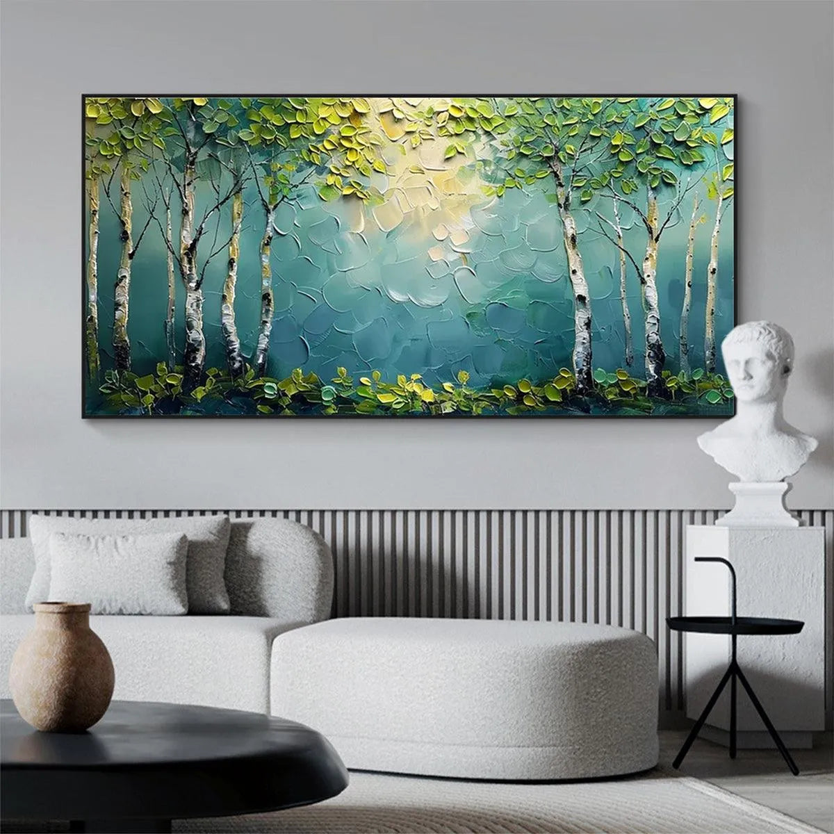 BIRCH GROVE: Textured Forest Painting, Impasto Wall Art, Horizontal Canvas, Birch Tree Decor