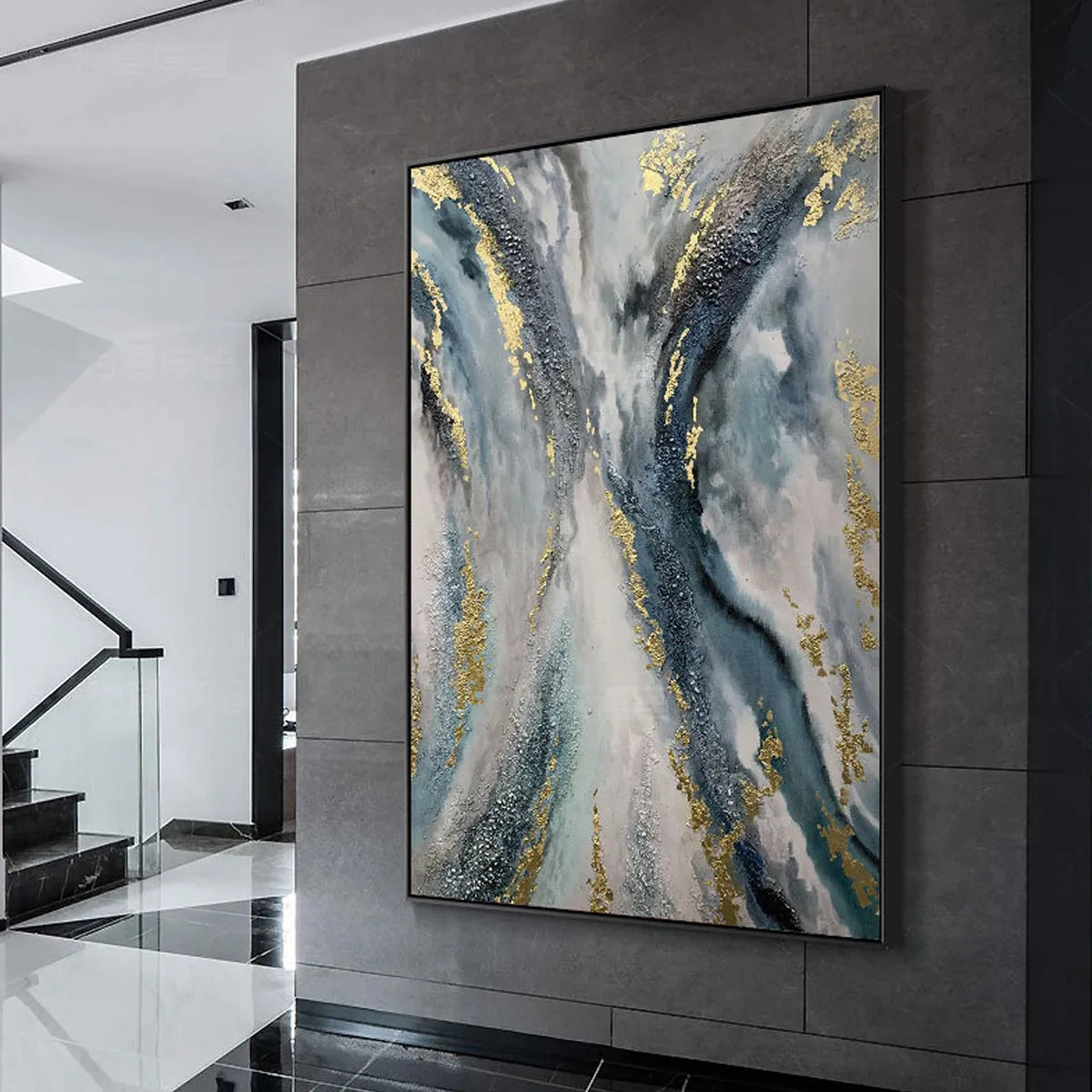 CELESTIAL RIVER: Vertical Abstract Oil Painting with Gold Leaf Accents