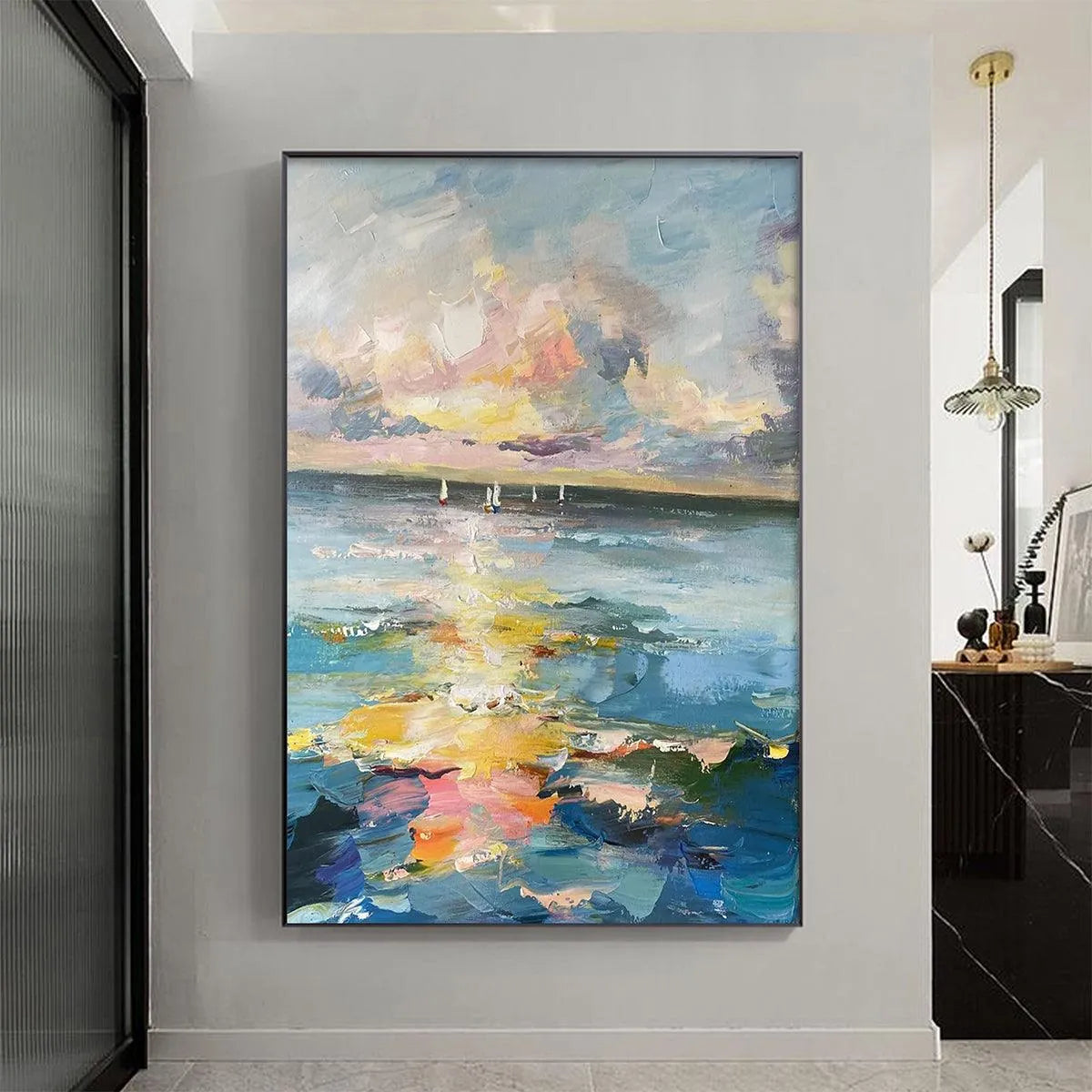 SAILBOATS AT SUNSET: Seascape Painting, Impasto, Textured Wall Art, Ocean Sunset, Vertical