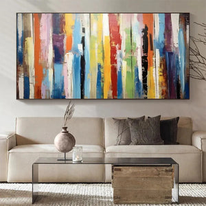 Colorful abstract vertical stripes painting in black frame, modern wall art for living room decor.