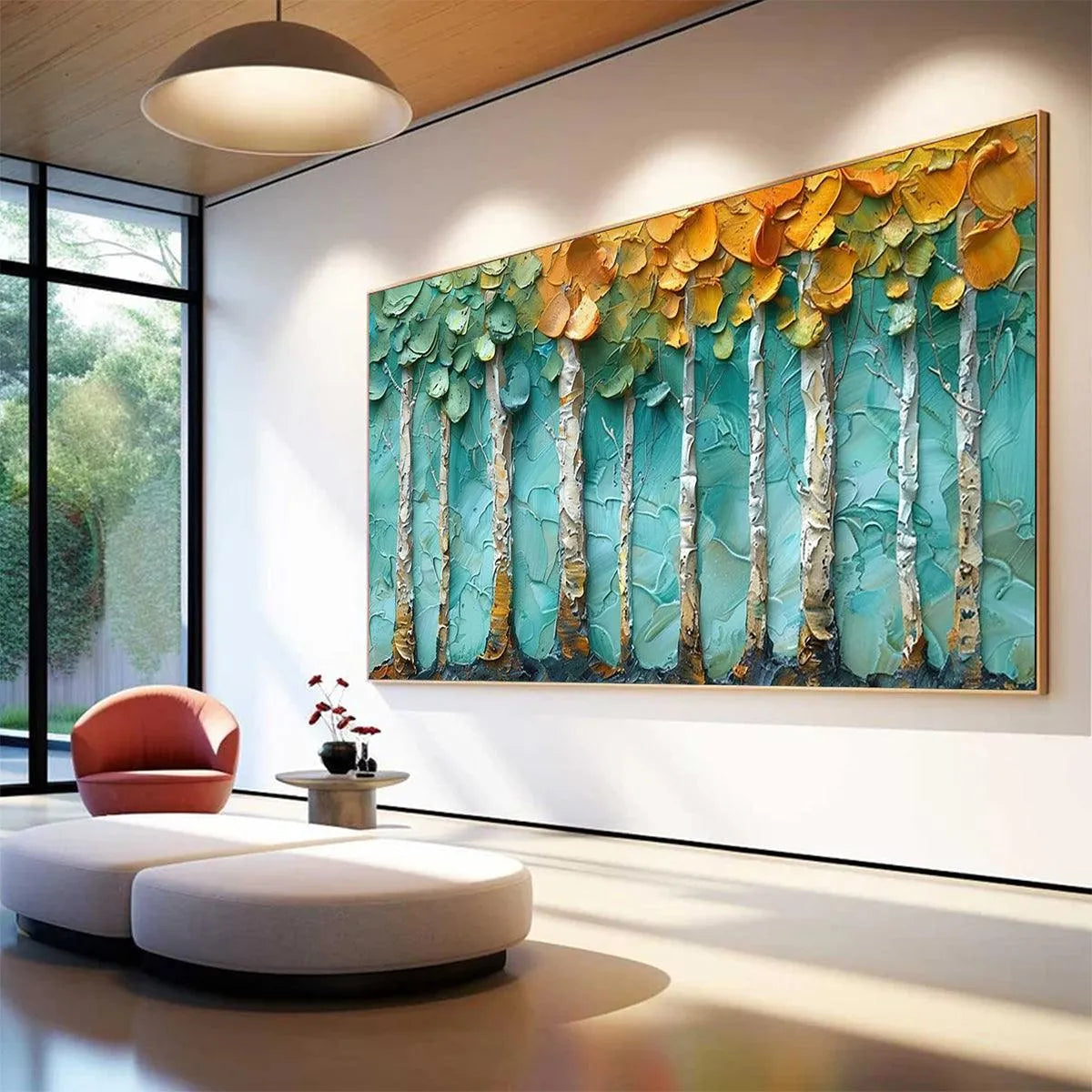 GOLDEN ASPEN GROVE: Textured Forest Painting, Impasto Wall Art, Horizontal Canvas, Landscape Art