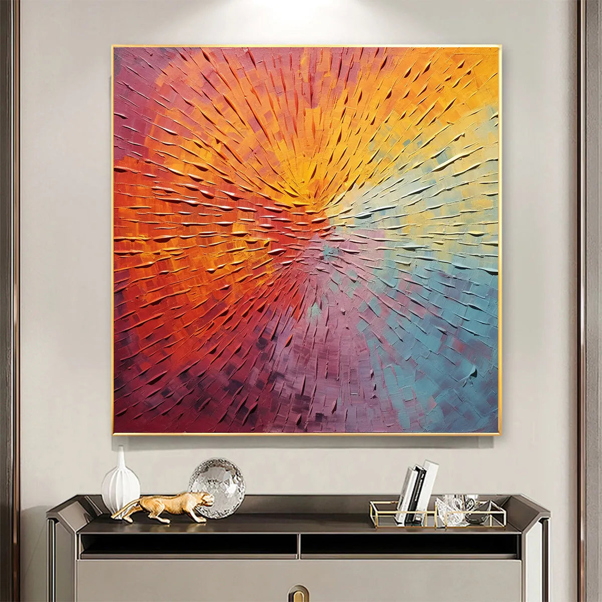 BURST OF COLOR: Square Abstract Impasto Painting, Textured Wall Art, Orange, Pink, Blue