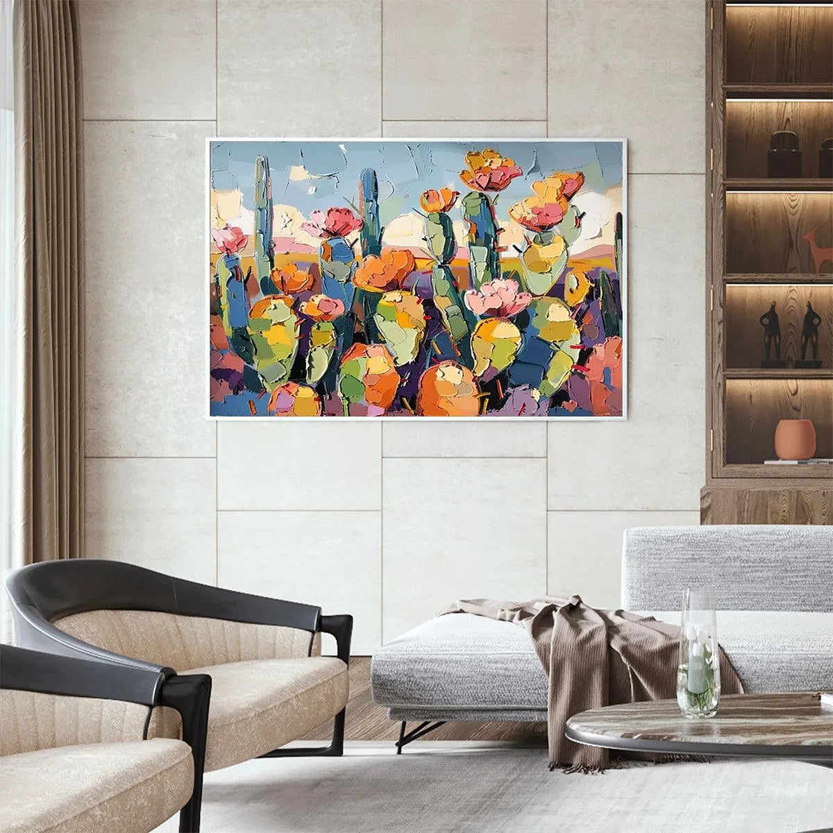 DESERT BLOOM: Textured Cactus Painting, Impasto Wall Art, Horizontal Canvas, Desert Decor