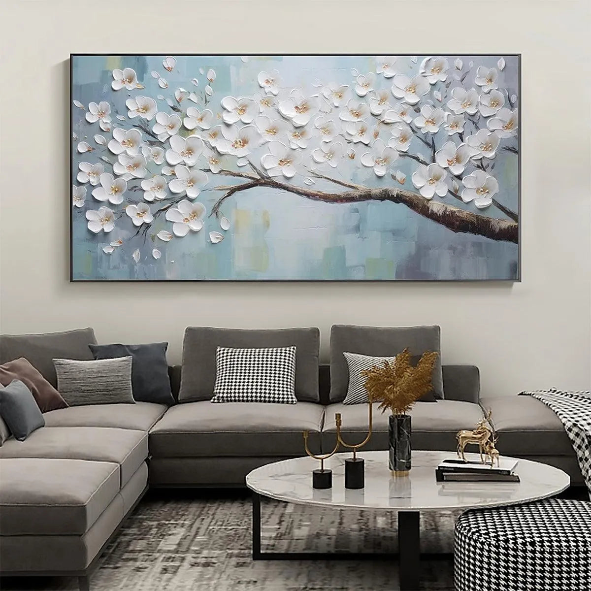 WHITE BLOSSOMS: Textured Floral Painting in White and Blue