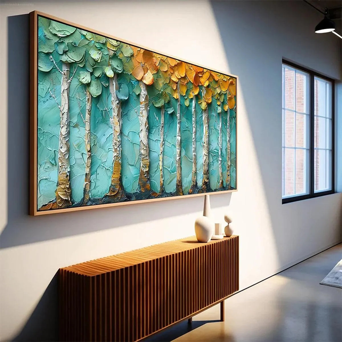 GOLDEN ASPEN GROVE: Textured Forest Painting, Impasto Wall Art, Horizontal Canvas, Landscape Art