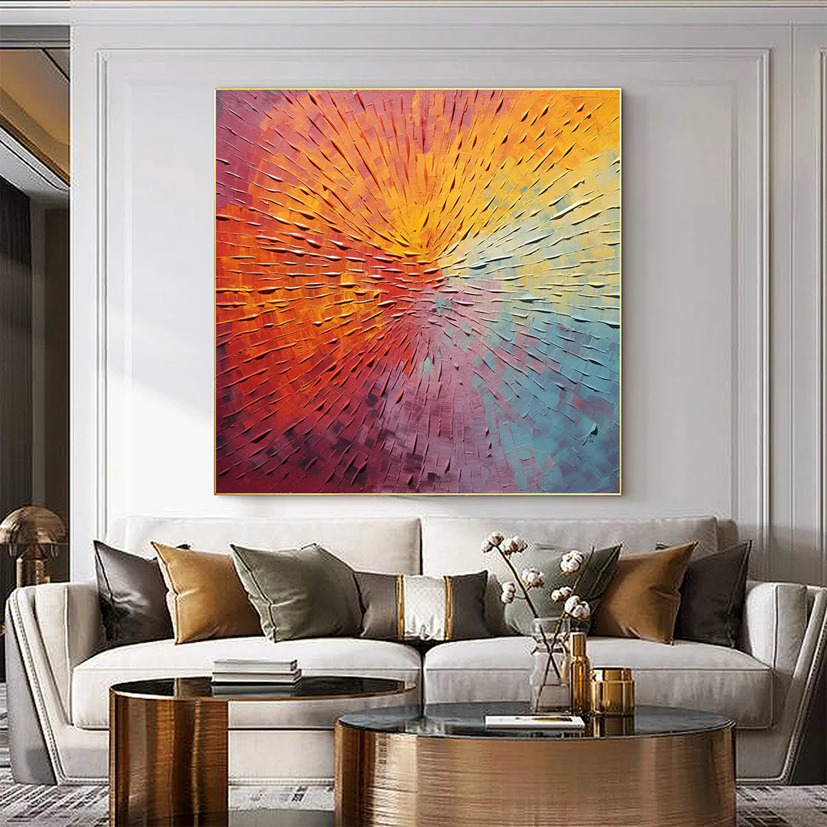 BURST OF COLOR: Square Abstract Impasto Painting, Textured Wall Art, Orange, Pink, Blue