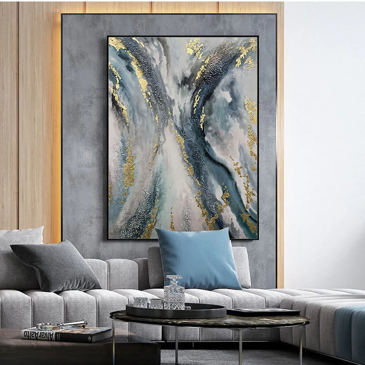 CELESTIAL RIVER: Vertical Abstract Oil Painting with Gold Leaf Accents